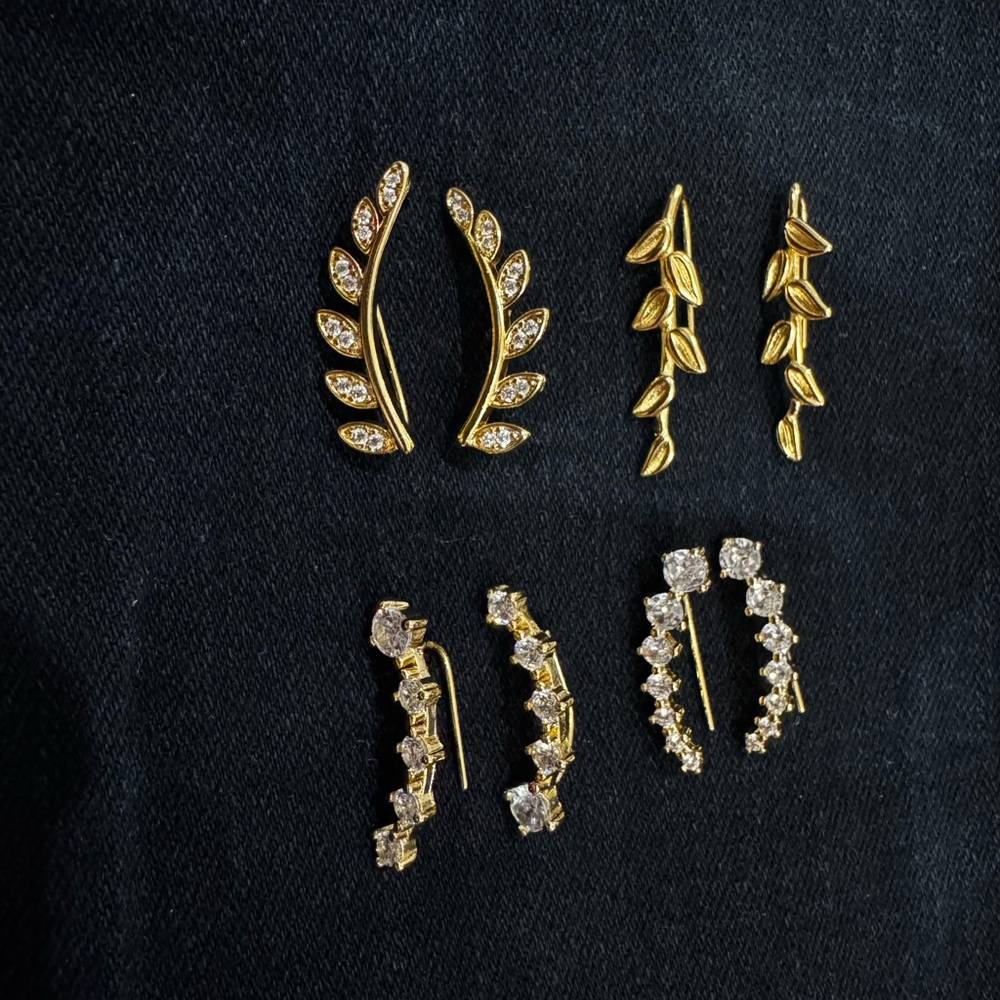 Gold and CZ Leaf Climber Earrings Set